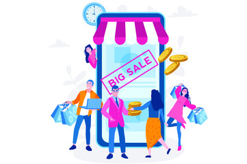 Big sale, mobile shopping, happy people. Vector illustration for web banner, infographics, mobile. 