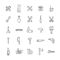 repair tools line icon set with hammer, wrench and screwdriver, drill, nails, cutter, painting roller, saw, tool box