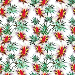 Gordijnen Aloe vera with tropical flowers, seamless pattern. © Stefan Grau