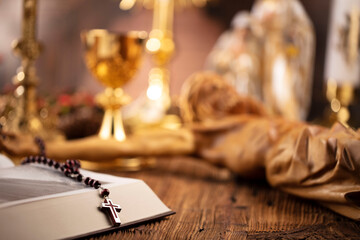 Catholic religion concept. Catholic symbols composition. The Cross, monstrance,  Holy Bible and...