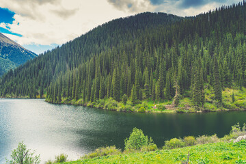 Spectacular view of a mountain lake with blue sky.