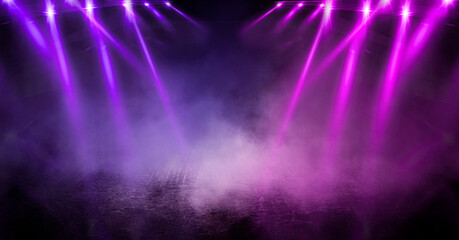 Background of empty room with spotlights and lights, abstract purple background with neon glow © MiaStendal