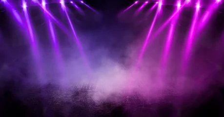  Background of empty room with spotlights and lights, abstract purple background with neon glow © MiaStendal