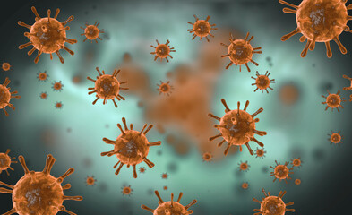 Illustration of virus cells or bacteria molecule under microscope. Abstract 3d illustration corona virus cells.Pathogen respiratory influenza. Flying Covid virus cells