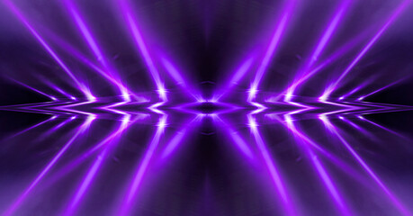 Naklejka na ściany i meble Background of empty room with spotlights and lights, abstract purple background with neon glow