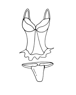 Lingerie for website design. Vector isolated illustration with panties and bra in Doodle style. Symbol of femininity. Design of ads, websites, and banners. An isolated element. Cartoon style. 
