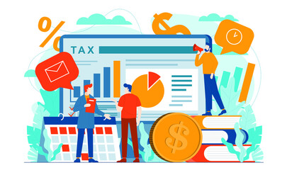 Naklejka premium Tax payment, tax audits, income tax, tax calculation, tax reporting online through a computer concept illustration flat tax design