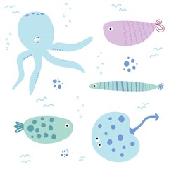 Fototapeta premium Vector hand drawn colored childish fishes and octopus in scandinavian style on a white background. Cute baby animals. Pattern for kids with fish. Sea. Ocean