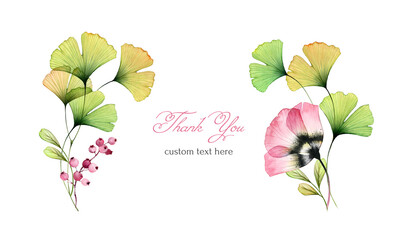 Watercolor floral background. Big field flowers, tulips, gingko leaves. Horizontal arrangement. Thank You Card template with place for custom text