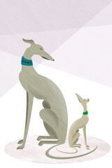 Stylised Illustration of Greyhound with Puppy
