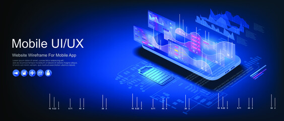 Graph with data analysis and data statistics on an isometric mobile phone. Landing page design. Conceptual template. Vector Illustration