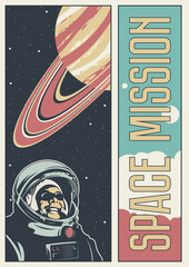 Space Missions Propaganda Poster, Spacecraft, Aerospace, Astronaut, Saturn, Scientific illustration 