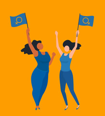 Two activist women holding flags with gender symbols in their hands. Girl's rights demonstration. Feminist. A vector cartoon illustration. © Lilanakani