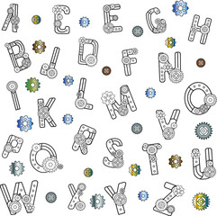 Seamless vector pattern in steampunk style. Mechanical letters with gears and colored metal gears.  To design cards and fantastic coloring pages for kids and adults, d&eacute;cor and design.