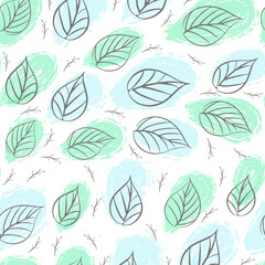 Seamless stylish leaves pattern. Creative universal floral background. Cute abstract seamless pattern with scribble textures and doodle elements.