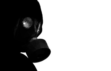 Dark vector low poly illustration of face protected by gas mask.