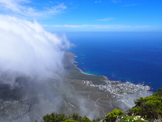 The city and white clouds seen from the summit, Table Mountain, Cape Town, South Africa