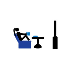  Stick man girl over a Cup of coffee watching world news on TV. Stay at home, be safe.