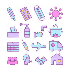 Vector epidemic coronavirus icon set. Medicine and Health symbols transmission, prevention, treatment such as mask, quarantine, vaccine, bacteria, tablets, thermometer, wash hands