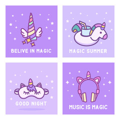 Vector doodle cartoon cute kawaii unicorns cards collection set template with unicorn horn, headphones, sleep mask and drink holder with quotes in pastel colors