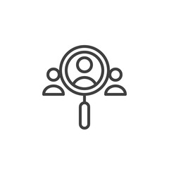 Human Resources line icon. Magnifier and business people linear style sign for mobile concept and web design. Employee search outline vector icon. Symbol, logo illustration. Vector graphics
