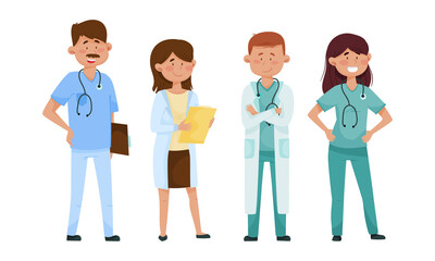 Fototapeta premium Smiling Man and Woman Doctors Wearing Medical Uniform Vector Illustrations Set