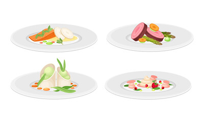 Haute Cuisine or Grande Cuisine with Meticulous Food Preparation and Serving on Plate Side View Vector Set