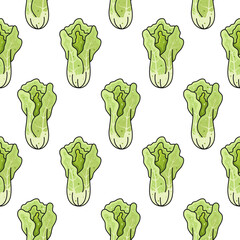 Seamless vector pattern with cute hand drawn lettuce salad. Fresh greens background for package, banner, print, card, fabric, label, advertising, textile, wrapping paper, web.