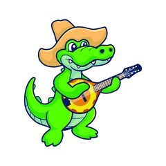 green cartoon crocodile playing classic guitar with hat