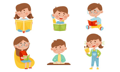 Kids in Sitting and Lying Pose Reading Book Vector Illustrations Set