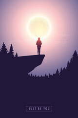 lonely girl silhouette on a cliff by full moon vector illustration EPS10