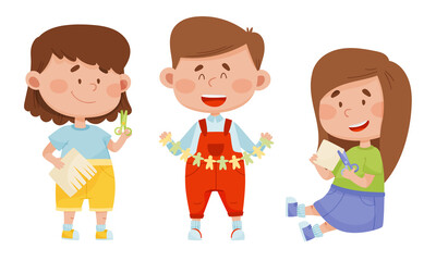 Children Holding Scissors and Doing Paper Craft Vector Illustrations Set