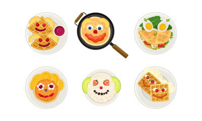 Smiley Breakfast Food Arrangement or Serving with Waffle and Pancakes Above View Vector Set