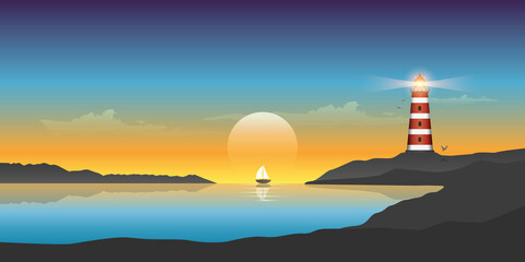 sailboat and lighthouse by the ocean at sunset beautiful seascape vector illustration EPS10