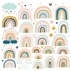 Pastel stylish trendy rainbows vector illustrations 