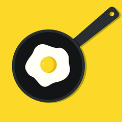Fried eggs in a pan isolated on a yellow background. Fried eggs of various forms. Vector illustration in cartoon style.