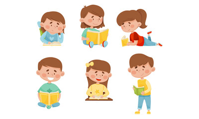 Kids in Sitting and Lying Pose Reading Book Vector Illustrations Set