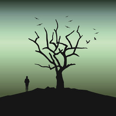 lonely girl in the dark by bare tree creepy landscape vector illustration EPS10