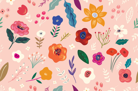 Beautiful flower seamless pattern with roses, leaves, flower compositions.	