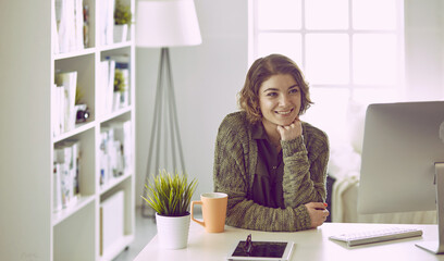 Young woman working with graphic tablet in office