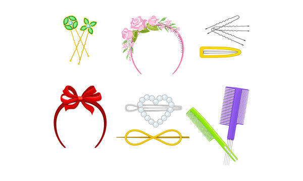 Plastic Hair Accessories with Comb and Hair Clips Vector Set