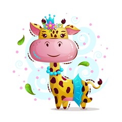 Cute princess girl giraffe in crown, beads and skirt. Vector illustration for children in the style of cartoon