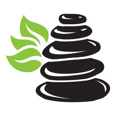 black zen pebbles with green leaves