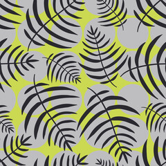 Fototapeta na wymiar Exotic tropical palm leaves on abstract green background with gray circles. Vector seamless pattern.