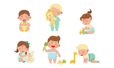 Baby Boys and Girls Sitting on the Floor and Playing with Their Toys Vector Set