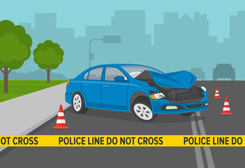 Driving a car. Do not cross yellow tape at road accident scene. Crashed car. Flat vector illustration.