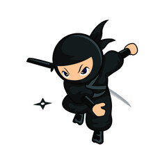black cartoon ninja jumping and throw a dart from side © fzr design