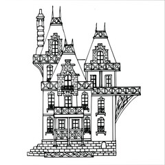 Vector illustration of a steampunk house. Victorian-style. Fantastic architecture. Coloring pages for children and adults. Isolated on a white background.