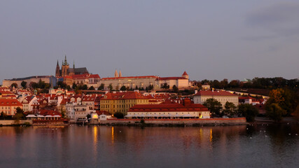 The historical center of Prague at sunrise. City landscape.