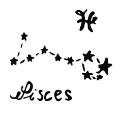 The Constellation Of Pisces. vector illustration. Zodiac sign, symbol and calligraphic name drawn by hand on a white background. Doodle style. For horoscopes, postcards, and astrological books.